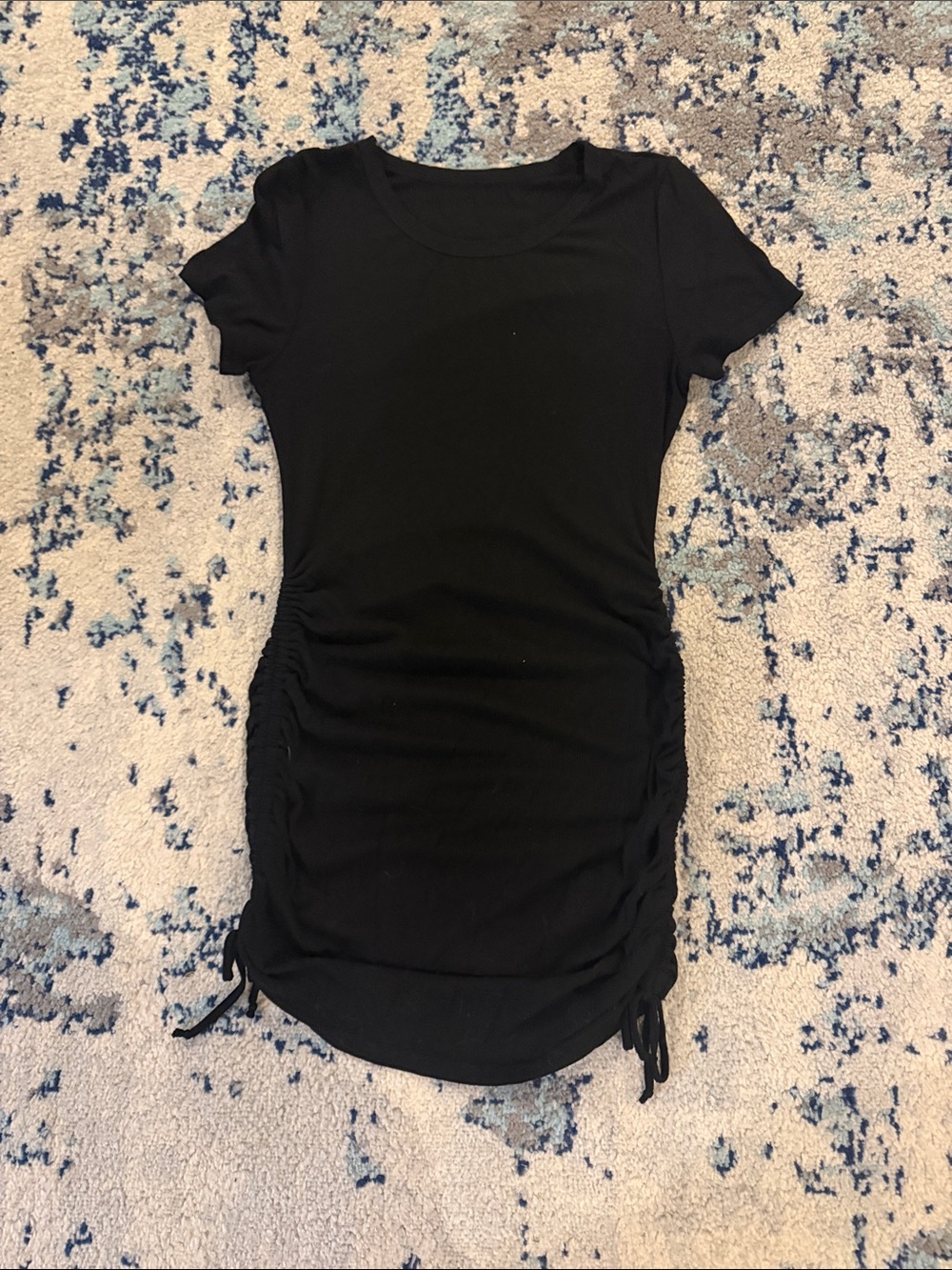Black Ruched Side-Tie Short Sleeve Dress